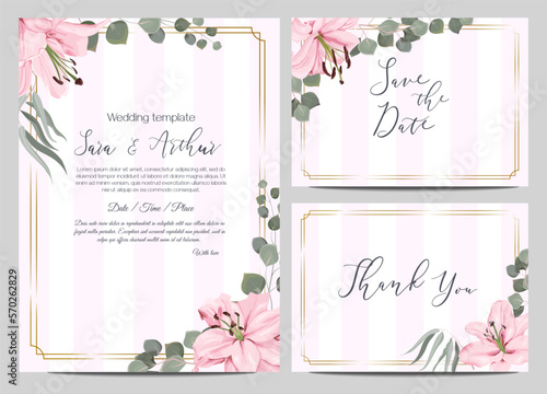 Vector floral template for wedding invitation. Pink royal lilies, eucalyptus, green plants and leaves.