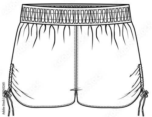 womens ruched side shorts flat sketch vector technical cad drawing template