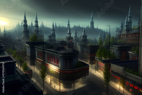 Gothic City with lots of tall buildings, majestic spires, Digital illustration. Generative AI. photo