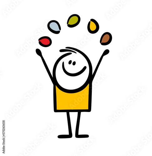 Funny stick figure boy juggles colored Easter eggs.