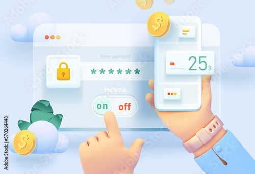 Money transfer protection system. Online payment. Transferring money from a mobile device. Mobile device with money transfer payment system interface. Vector illustration in 3d style
