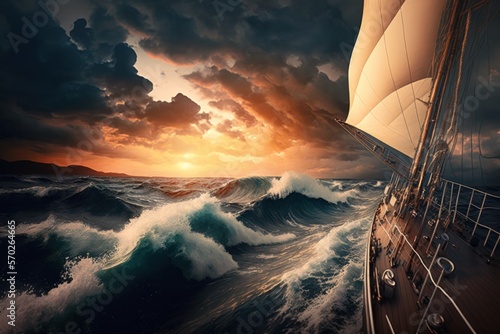 At sunset, a yacht is sailing in the open sea. View of the deck, mast, and sails up close. After the rain, the sky is clear with dramatic glowing clouds, golden sunlight, waves, and cyclones. amazing