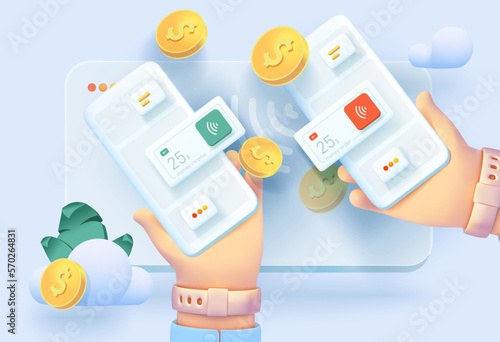 Online payment. Transferring money from a mobile device. Mobile device with the interface of the payment system of money transfers. Vector illustration 3d style