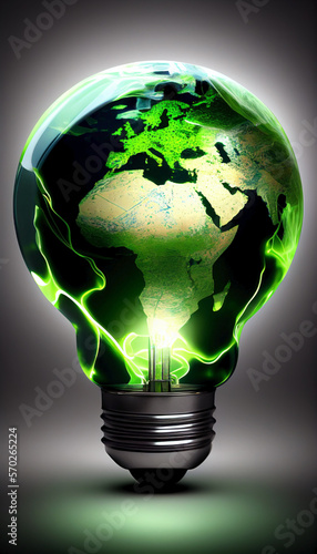 World Day of energy efficiency. World global energy concept. Sustainable development is possible. Energy saving and energy efficiency inside a light bulb with the map of the whole world. 3d rendering.