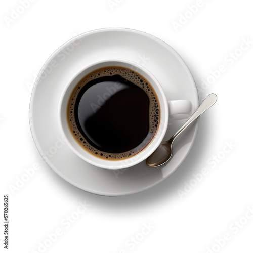 white coffee cup / mug with hot black coffee, isolated design element, top view / flat lay