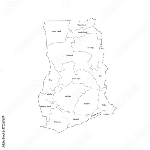 Ghana political map of administrative divisions - regions. Handdrawn doodle style map with black outline borders and name labels.