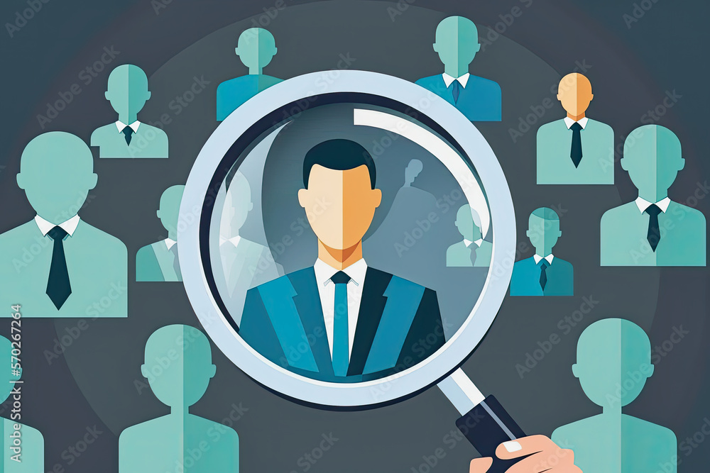 ai generative illustration of a manager in business outfit in a magnifying glass as concept for human resource management ai generative illustration of a manager in business outfit in a magnifying glass as concept for human resource management
