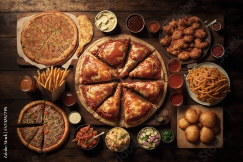 large table of assorted take out food such as pizza  french fries  onion rings  fried chicken and chicken wings. Generative AI