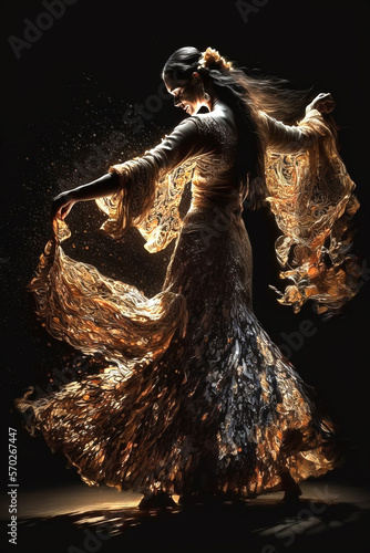 Portrait of Beautiful Young Woman Dancing Flamenco, Flamenco dancer Illustration, Feria performance, Generative AI © GloriaSanchez
