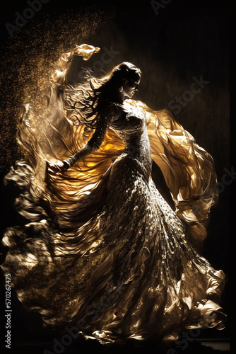 Portrait of Beautiful Young Woman Dancing Flamenco, Flamenco dancer Illustration, Feria performance, Generative AI