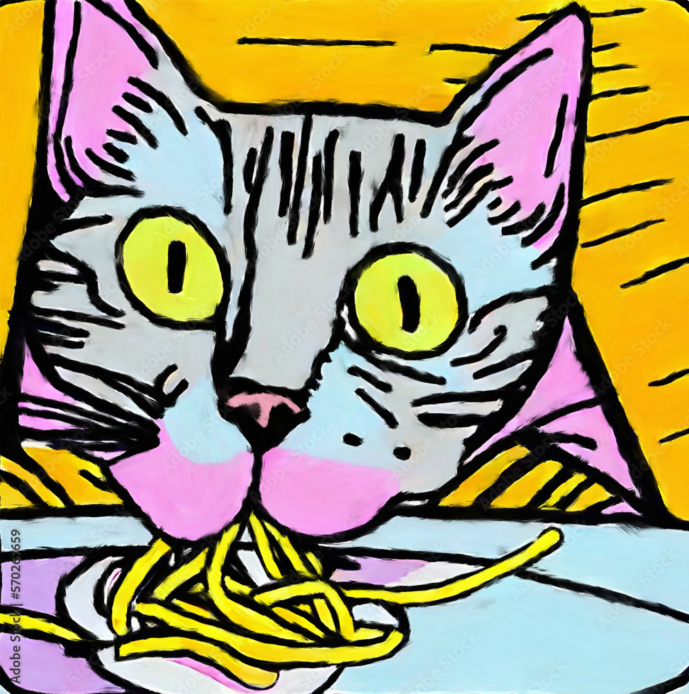 cute cat with spaghetti ramen noodles in pop art style painting - new quality creative stock image cat art illustration design cute cat with spaghetti ramen noodles in pop art style painting - new quality creative stock image cat art illustration design