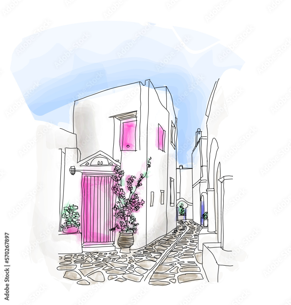 Santorini island, Greece. Traditional and famous white houses and churches with blue domes. watercolor illustration for social media, poster, magazine