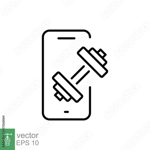 Online fitness line icon. Simple outline style. Mobile trainer, phone with dumbbell, home workout, online training class, sport physical exercise. Vector illustration isolated. EPS 10.