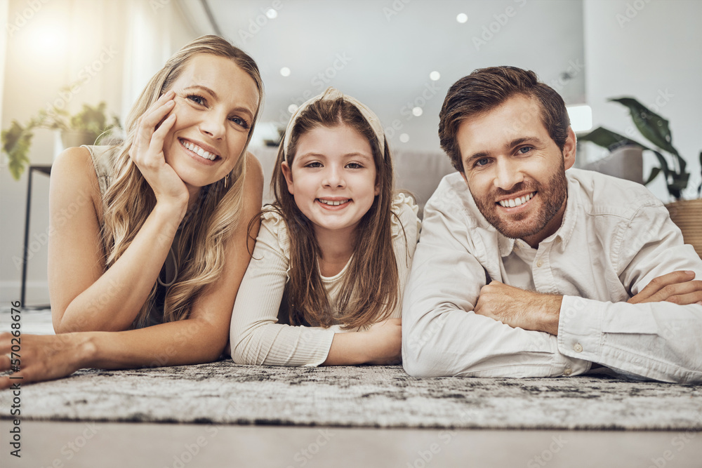 Portrait, mother or father with a girl on floor relaxing as a happy family bonding in Australia with love or care. Carpet, trust or parents smile with kid enjoying quality time on a fun holiday Portrait, mother or father with a girl on floor relaxing as a happy family bonding in Australia with love or care. Carpet, trust or parents smile with kid enjoying quality time on a fun holiday