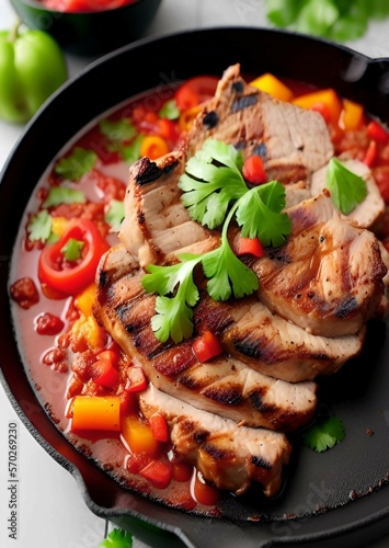 grilled beef steak with vegetables and spices