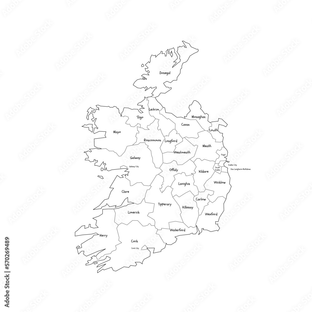 Ireland political map of administrative divisions - counties and cities. Handdrawn doodle style map with black outline borders and name labels.