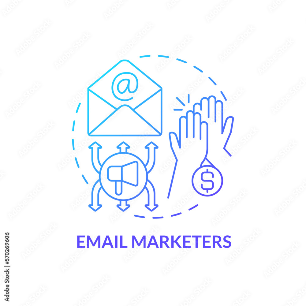 Email marketers blue gradient concept icon. Products promotion. Affiliate specialists type abstract idea thin line illustration. Isolated outline drawing. Myriad Pro-Bold font used