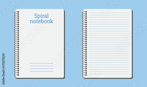 Spiral notebook 3d lined empty paper blank page notepad vector illustration. White blue colored notebook page background to use for education, business, school projects. 