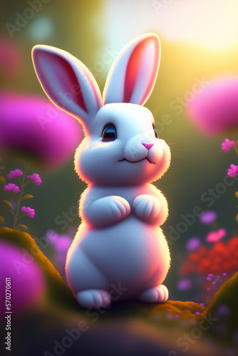 A cute rabbit in a colorful and sunny forest. Generative AI.