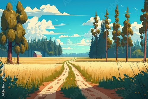 Wheat field and dirt road near the forest. Summer landscape with field, forest and picturesque sky. Panorama. Generative AI