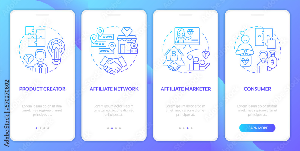 Parties in affiliate marketing blue gradient onboarding mobile app screen. Walkthrough 4 steps graphic instructions with linear concepts. UI, UX, GUI template. Myriad Pro-Bold, Regular fonts used
