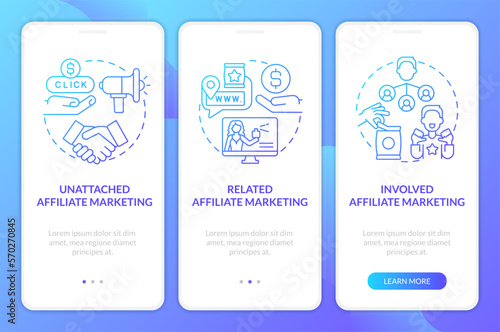 Affiliate marketing programs blue gradient onboarding mobile app screen. Walkthrough 3 steps graphic instructions with linear concepts. UI, UX, GUI template. Myriad Pro-Bold, Regular fonts used