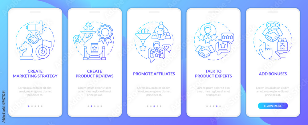 Begin affiliate program blue gradient onboarding mobile app screen. Business walkthrough 5 steps graphic instructions with linear concepts. UI, UX, GUI template. Myriad Pro-Bold, Regular fonts used