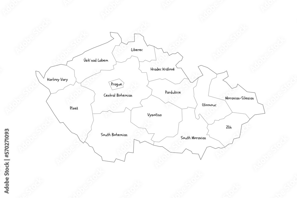Czech Republic political map of administrative divisions - regions. Handdrawn doodle style map with black outline borders and name labels.