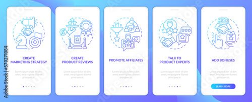 Begin affiliate program blue gradient onboarding mobile app screen. Business walkthrough 5 steps graphic instructions with linear concepts. UI, UX, GUI template. Myriad Pro-Bold, Regular fonts used