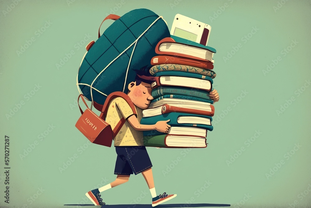 Student carrying heavy backpack with textbooks and notebooks spilling