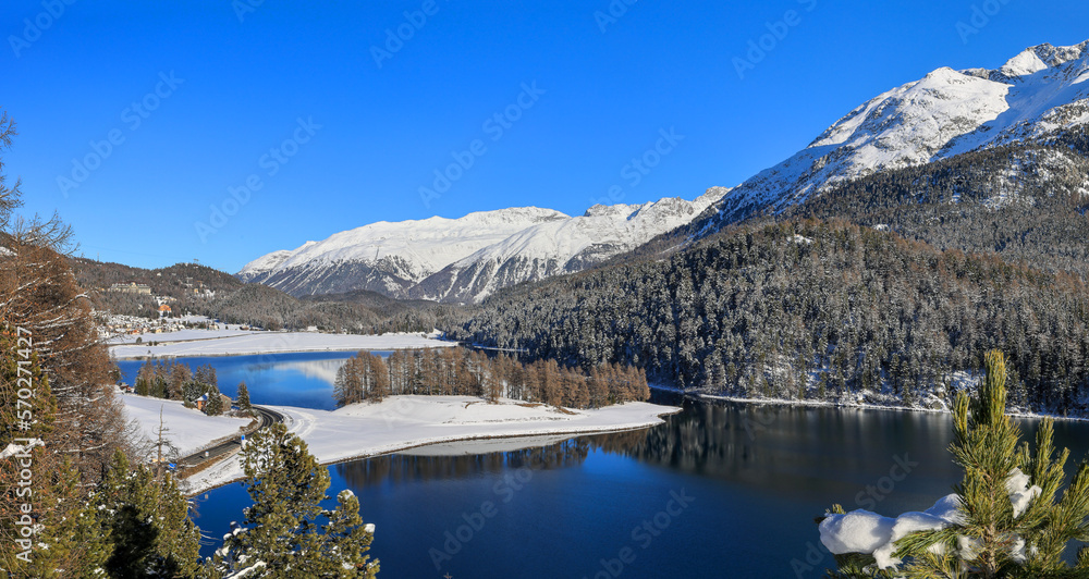 Champferer Lake in winter from high view to St. Moritz in Engadine in Switzerland