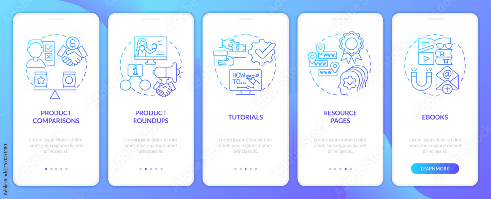 Content for affiliate website blue gradient onboarding mobile app screen. Walkthrough 5 steps graphic instructions with linear concepts. UI, UX, GUI template. Myriad Pro-Bold, Regular fonts used