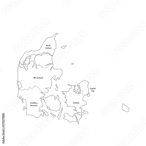 Denmark political map of administrative divisions - regions. Handdrawn doodle style map with black outline borders and name labels.