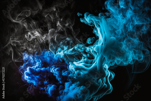 Colorful smoke, dark black studio background, fog mist backdrop