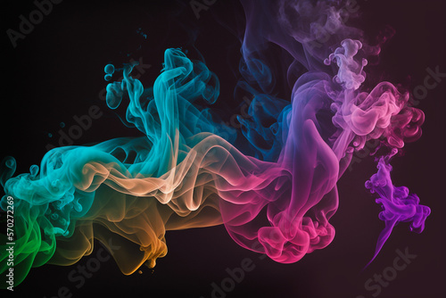 Colorful smoke, dark black studio background, fog mist backdrop