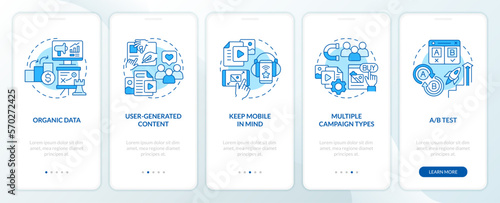 Social media advertising tips blue onboarding mobile app screen. SMM walkthrough 5 steps editable graphic instructions with linear concepts. UI, UX, GUI template. Myriad Pro-Bold, Regular fonts used