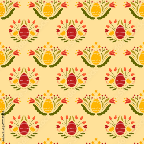 Easter seamless pattern with colored egg and flowers. Background for poster, greeting card, invitation or postcard. © Yaryna