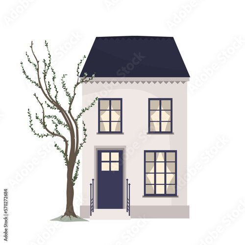 Exterior view of a residential building, cottage. Residential house facade design with blue roof, european architecture with windows and door and greenery, tree. Flat vector illustration isolated
