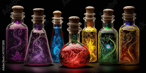 colourful potion vials. Generative AI image. photo