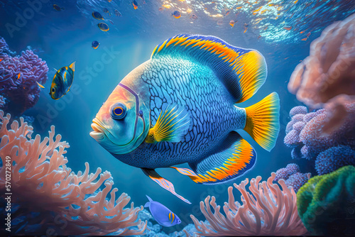 Canvastavla tropical fish in a coral reef, illustration - Generative AI