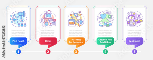 Social media advertising metrics rectangle infographic template. Data visualization with 5 steps. Editable timeline info chart. Workflow layout with line icons. Myriad Pro-Bold, Regular fonts used