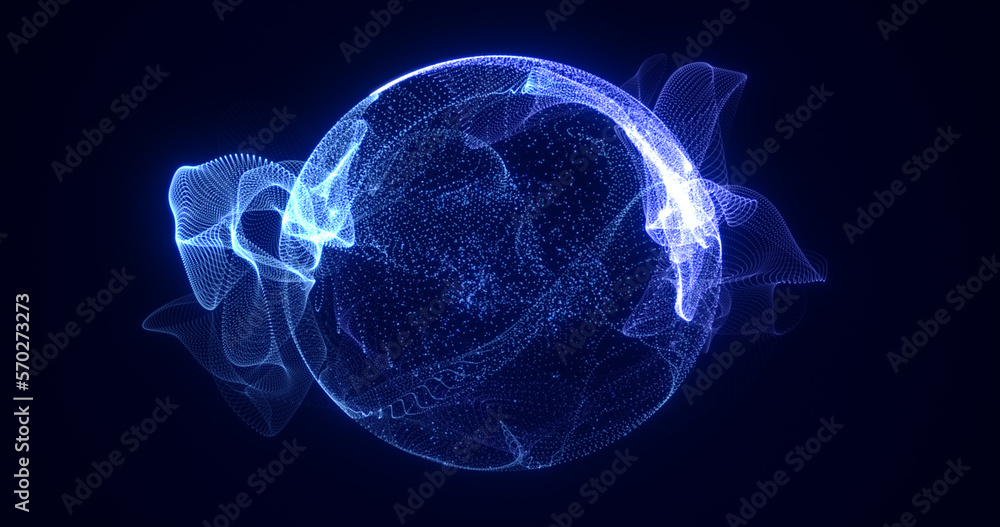 Abstract round blue sphere light bright glowing from rays of energy and magic waves from particles and dots, abstract background - obrazy, fototapety, plakaty 
