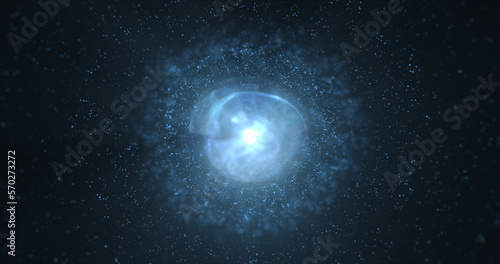 Abstract futuristic glowing blue light round sphere cosmic star from magic high tech energy on space galaxy background. Abstract background