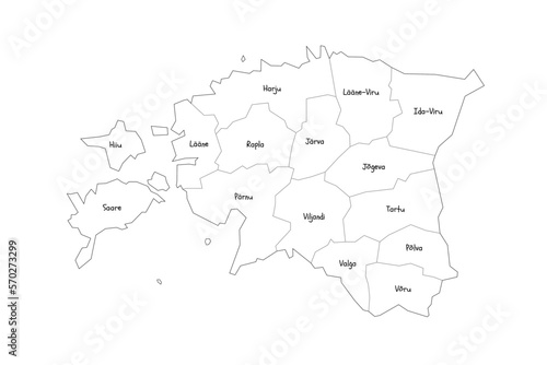 Estonia political map of administrative divisions - counties. Handdrawn doodle style map with black outline borders and name labels.
