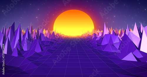 Abstract retro landscape in old style of 80s, 90s with road rocks mountains and sun, abstract background
