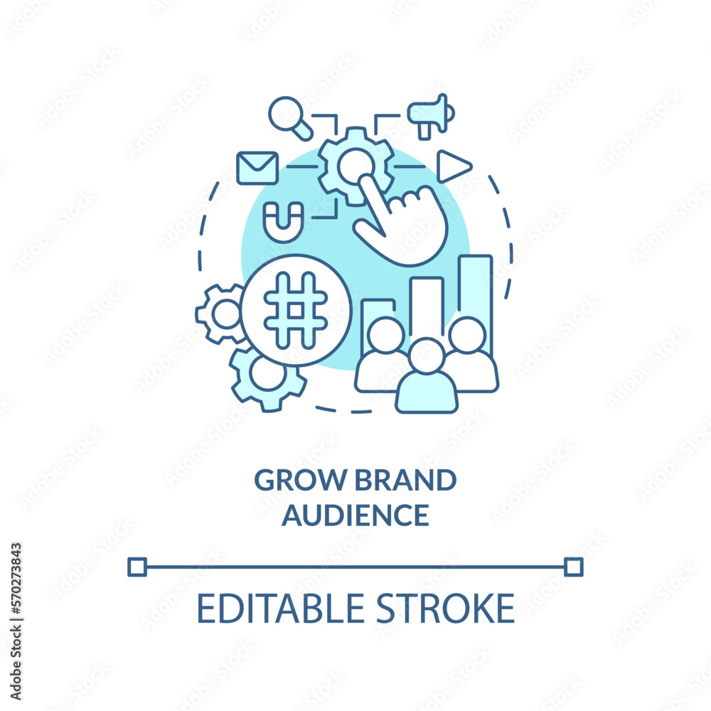 Grow brand audience turquoise concept icon. Social media advertising goal abstract idea thin line illustration. Isolated outline drawing. Editable stroke. Arial, Myriad Pro-Bold fonts used Grow brand audience turquoise concept icon. Social media advertising goal abstract idea thin line illustration. Isolated outline drawing. Editable stroke. Arial, Myriad Pro-Bold fonts used