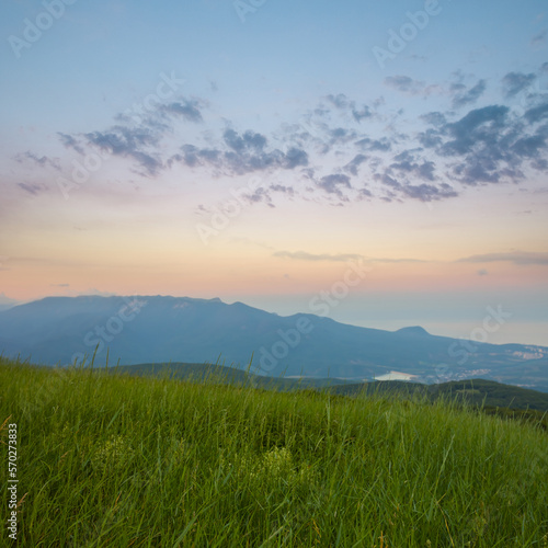 green pasture on mountain plateau at the early morning