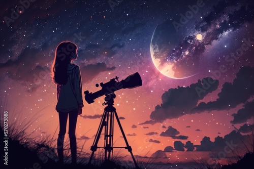 Girl with astronomical telescope stargazing under twilight sky. Generative AI