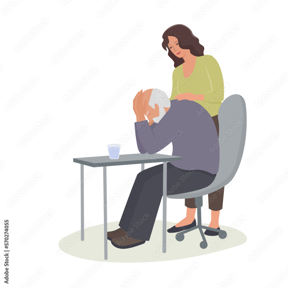 Young woman consoles senior man in sadness. Vector color isolated illustration.