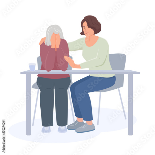 Young woman consoles senior woman in sadness. Vector color isolated illustration.